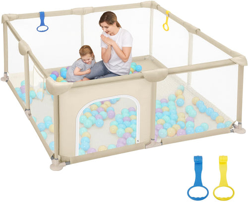 Dripex Laufstall Baby faltbar mit Netz, 124 x 124 cm, Kaffeebraun, gepolsterter Rand und Pull-up-Ringe