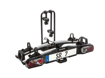 Bullwing SR7 E-Bike Fahrradträger Anhängerkupplung vormontiert. Kompakter, dunkelgrauer Fahrradträger. Transportiert E-Bikes sicher auf der Anhängerkupplung.