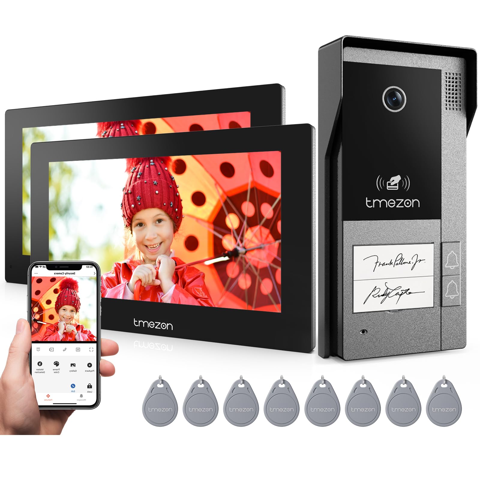 TMEZON WLAN IP Türsprechanlage 2-Familienhaus 1080P 7'' Touchscreen. Mit 7'' Touchscreen. Videokommunikation & Zutrittskontrolle für 2 Familien.