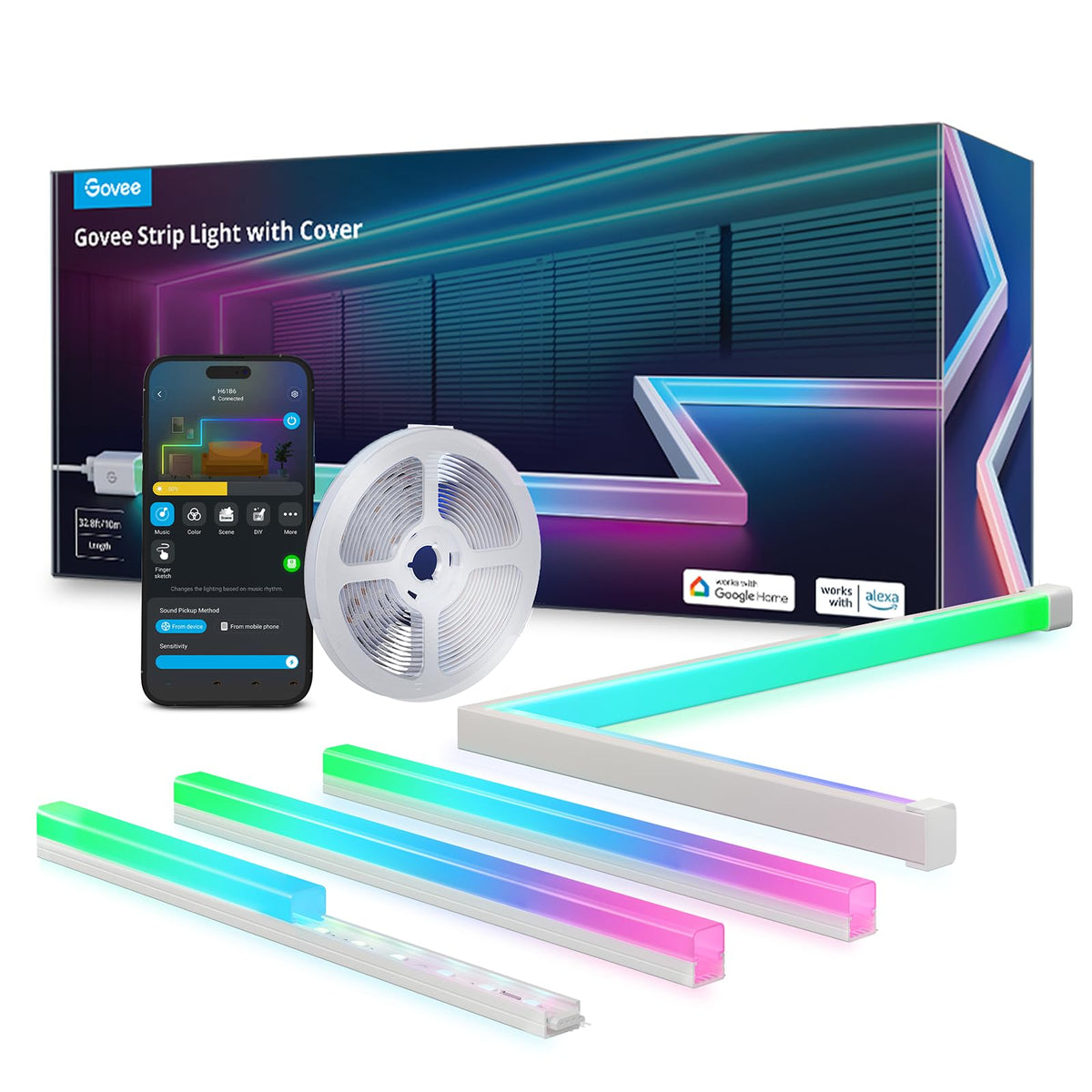 Govee RGBIC LED Strip mit Profil, 10 m, 64 Szenenmodi, App-Steuerung – weisser Streifen im Kunststoffprofil