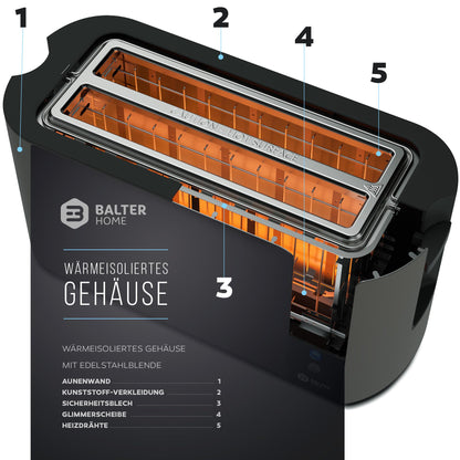 Balter Toaster TS-04-LCD, 4 Scheiben, Langschlitz, Edelstahl, Grau