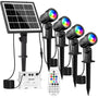 MEIKEE Solarstrahler RGB + Weiss, Gartenleuchte 4 Stück, IP66 – Aussenstrahler mit Solarpanel und Erdspiess