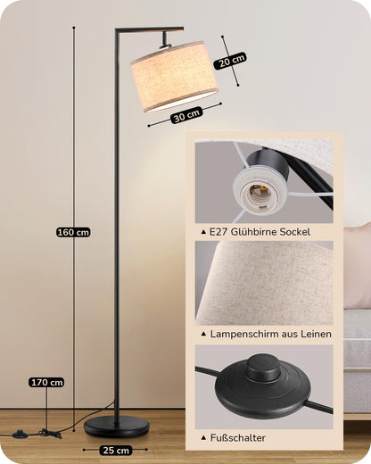 EDISHINE Bogenlampe Stehlampe, 160 cm, Leinenschirm, E27 LED, schwarz