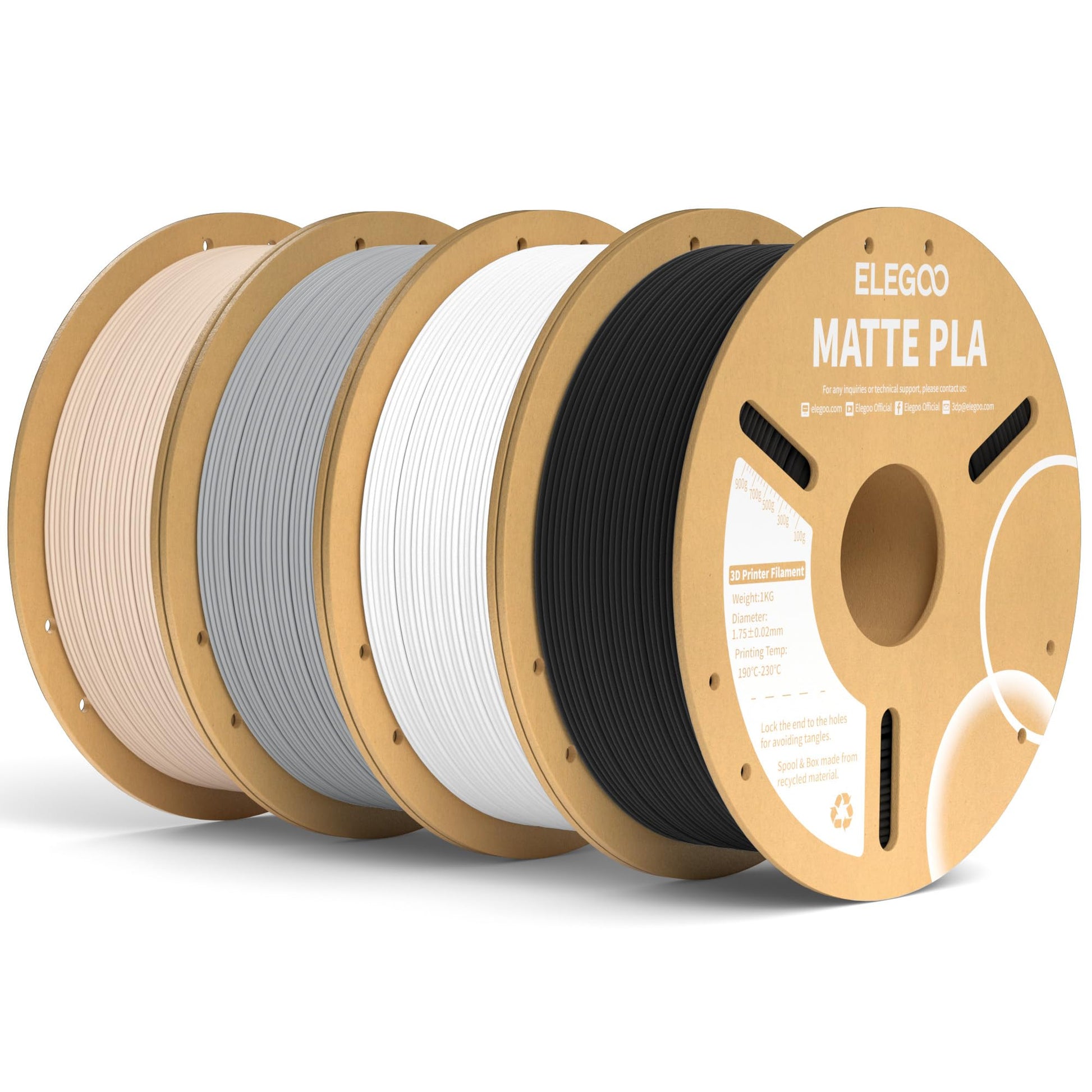 ELEGOO Matte PLA Filament 1.75mm – 4KG Schwarz Weiss Grau Beige. Matte Spulen in Schwarz, Weiss, Grau, Beige für den FDM 3D-Druck präziser Objekte.