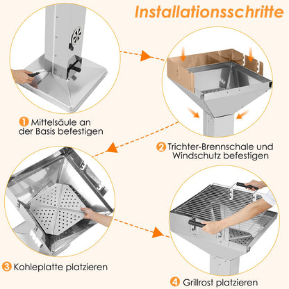 TLGREEN Holzkohlegrill 11550, Edelstahl Säulengrill höhenverstellbar