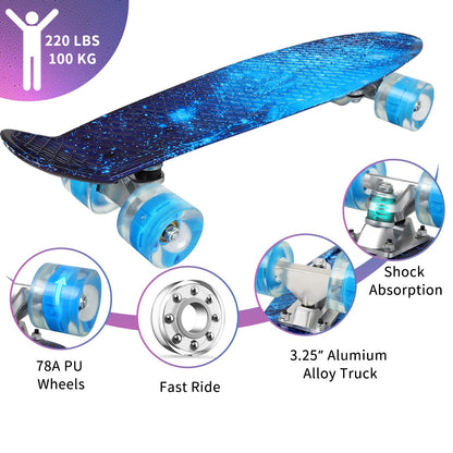 BELEEV Kinder Skateboard 22 Zoll Mini Cruiser mit LED Leuchtrollen
