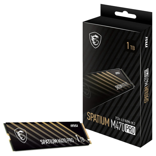 MSI SPATIUM M470 PRO SSD 1 TB PCIe 4.0 NVMe M.2. Lange, schwarze Platine mit Label. Schneller Datenspeicher für Computer.