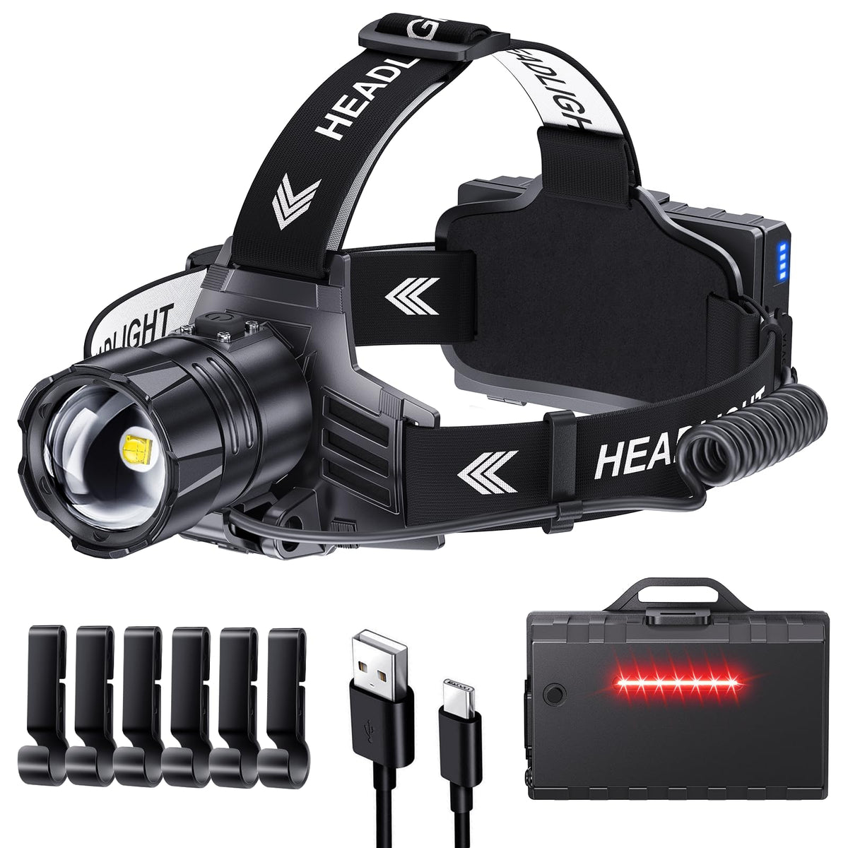 Glarylight LED-Stirnlampe wiederaufladbar, 120000 Lumen, IPX7, zoombar, Aluminiumgehäuse, verstellbares Stirnband