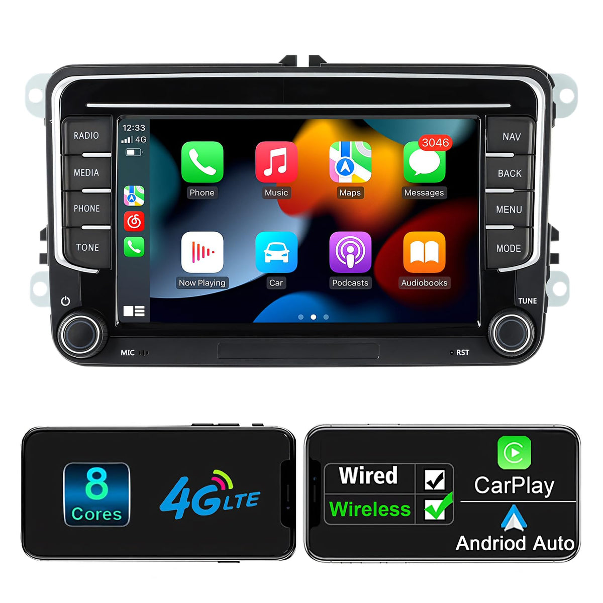 Android Navi-Radio für VW Golf 5 6 Passat Polo T5 - 7 Zoll CarPlay. Schwarzes, rechteckiges Display für Navigation und Infotainment.