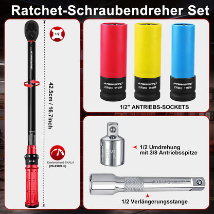 ATsafepro Drehmomentschlüssel 1/2 Zoll 20-230 Nm, 7-tlg. Set