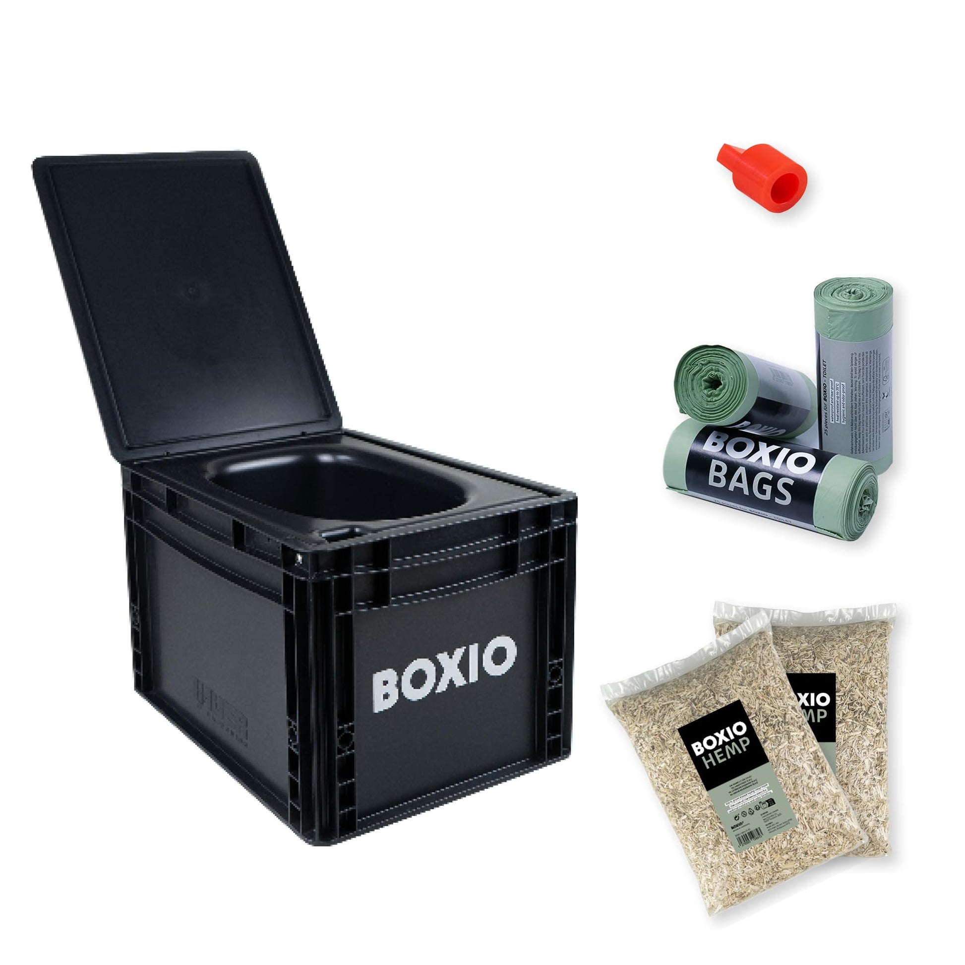BOXIO Toilet Plus Camping Trockentrenntoilette Starter Kit. Kompakte, graue Trockentrenntoilette mit Trennsystem für Urinkanister & Feststoffe, ideal fürs Camping.