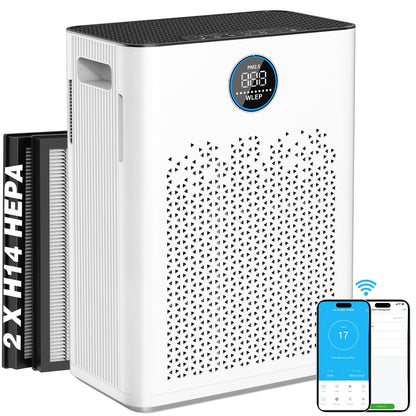 AeroSense SmartConnect Smart Home Luftreiniger - Grosse Räume HEPA H14. Weisser, schlanker Turm. Reinigt die Luft in grossen Räumen mittels HEPA H14 Filter.