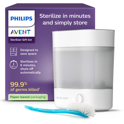 Philips Avent Sterilisator-Geschenkset Elektrischer Dampfsterilisator - SCF291/30: Weißes, zylindrisches Gerät, das Babyflaschen und Zubehör hygienisch mit Dampf sterilisiert.