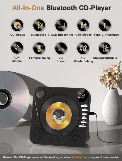 Greadio CD Player mit Bluetooth 5.1, Lautsprecher und Fernbedienung