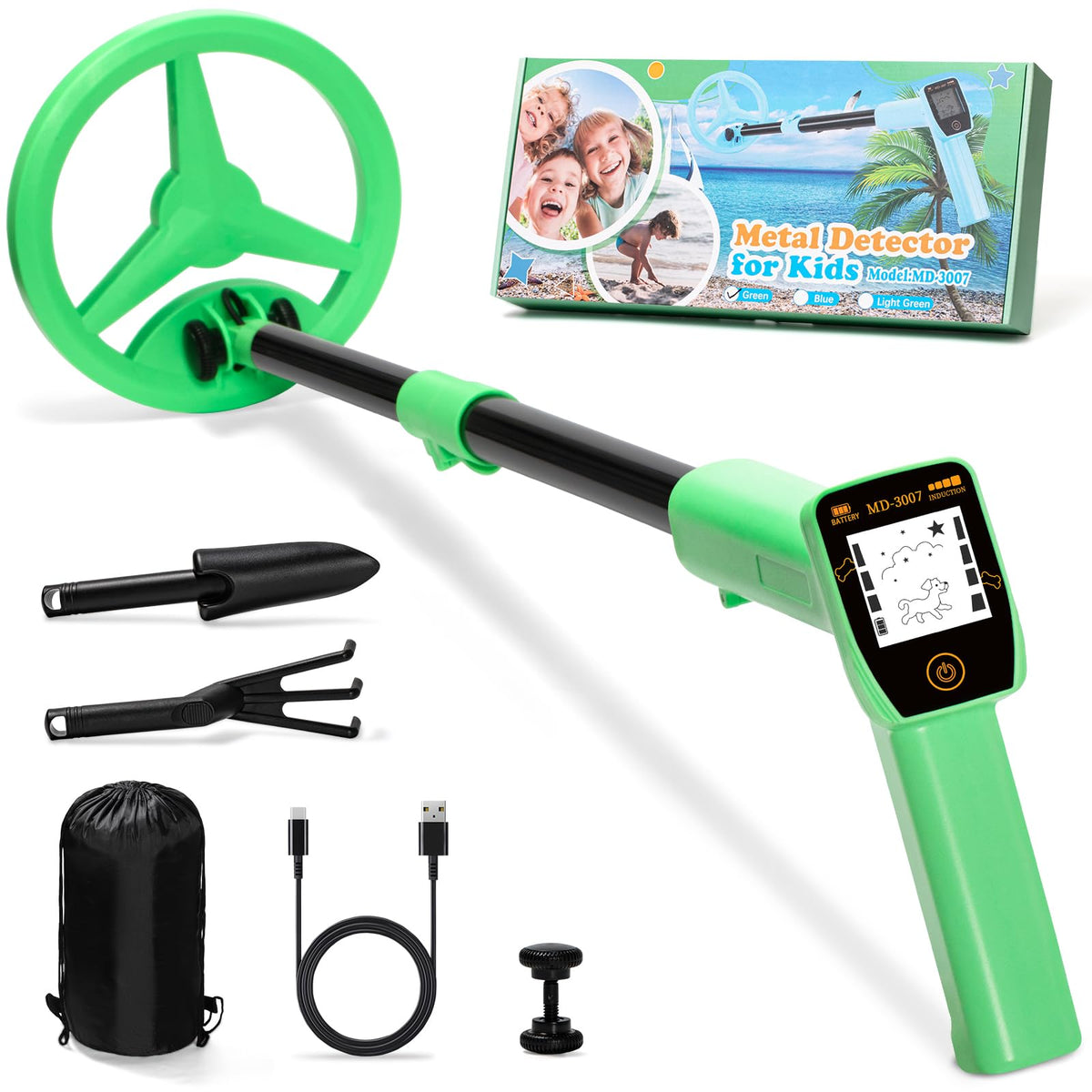Smofrees MD-3007 Metalldetektor für Kinder, 60-86 cm, grün, mit Hunde-Display und Suchspule