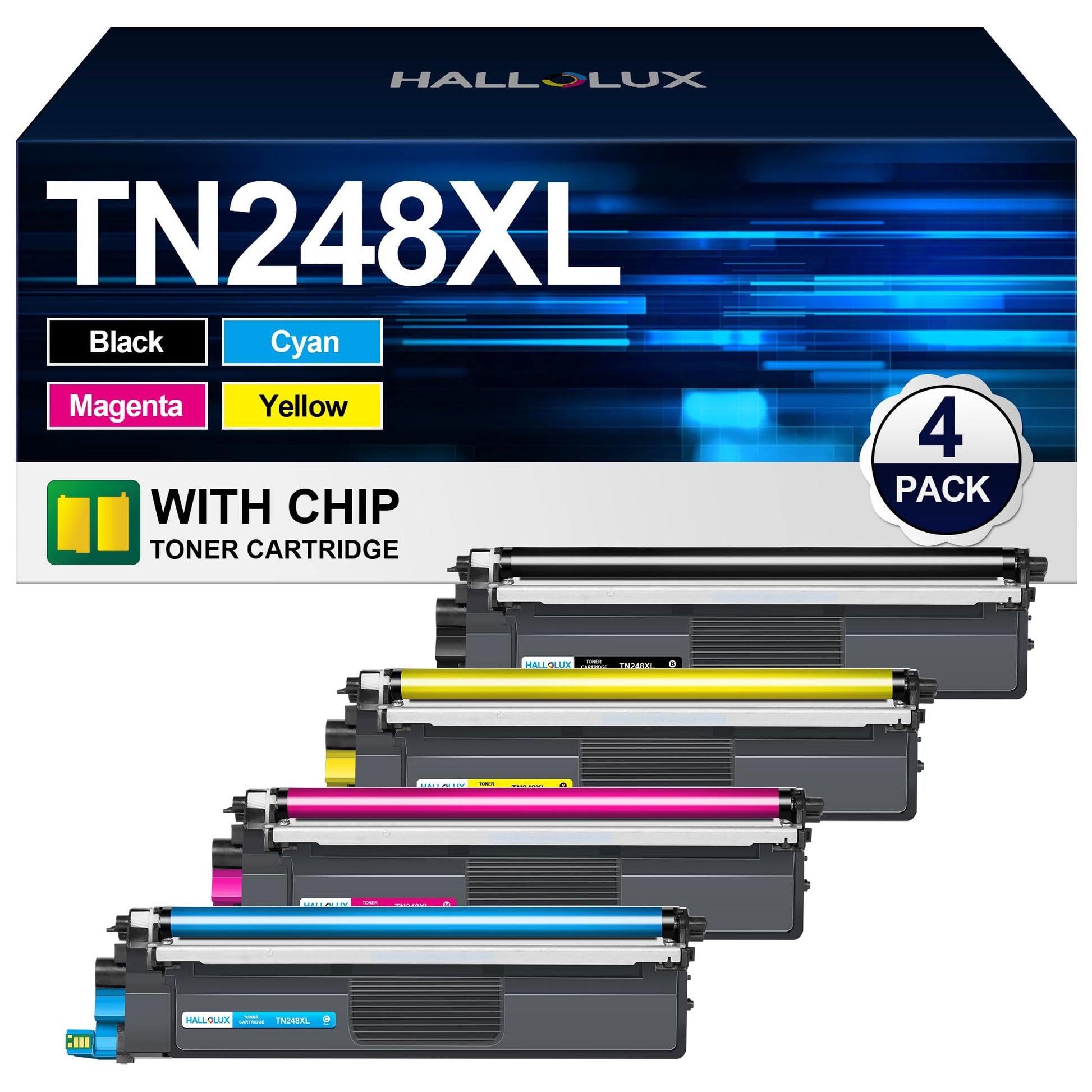 Kompatibel für Brother TN-248XL Toner 4er-Pack CMYK. Vier rechteckige Tonerpatronen in C, M, Y, K für Farbdrucke im Laserdrucker.