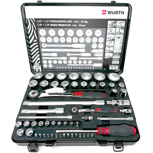 Würth Zebra Steckschlüssel-Sortiment 1/4 1/2 Zoll 6-kant 56tlg Metall. Metall-Set zum Anziehen/Lösen von 6-kant Schrauben.