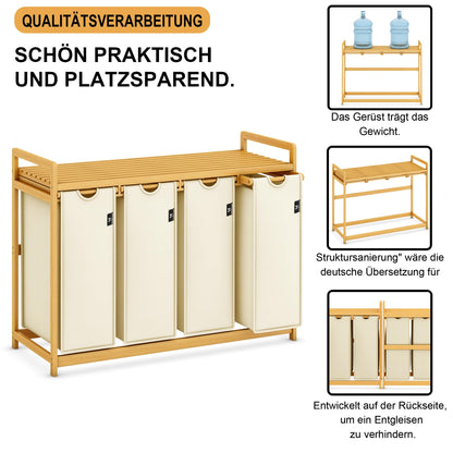 AdelDream Wäschekorb 200L mit 4 Fächern, Bambusrahmen, Beige