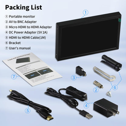 Aurevita Mini-Monitor 7 Zoll, tragbar, HDMI VGA AV BNC, 1024 x 600