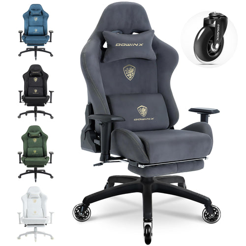 Dowinx Gaming Stuhl, ergonomischer Bürostuhl mit Fussstütze, grau, Wildlederimitat-Bezug und 3D-Armlehnen