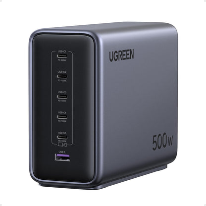 UGREEN Nexode 500W USB C Ladestation 6-Port GaN Netzteil. Rechteckig, schwarz. Lädt 6 Geräte gleichzeitig via USB-C mit 500W.