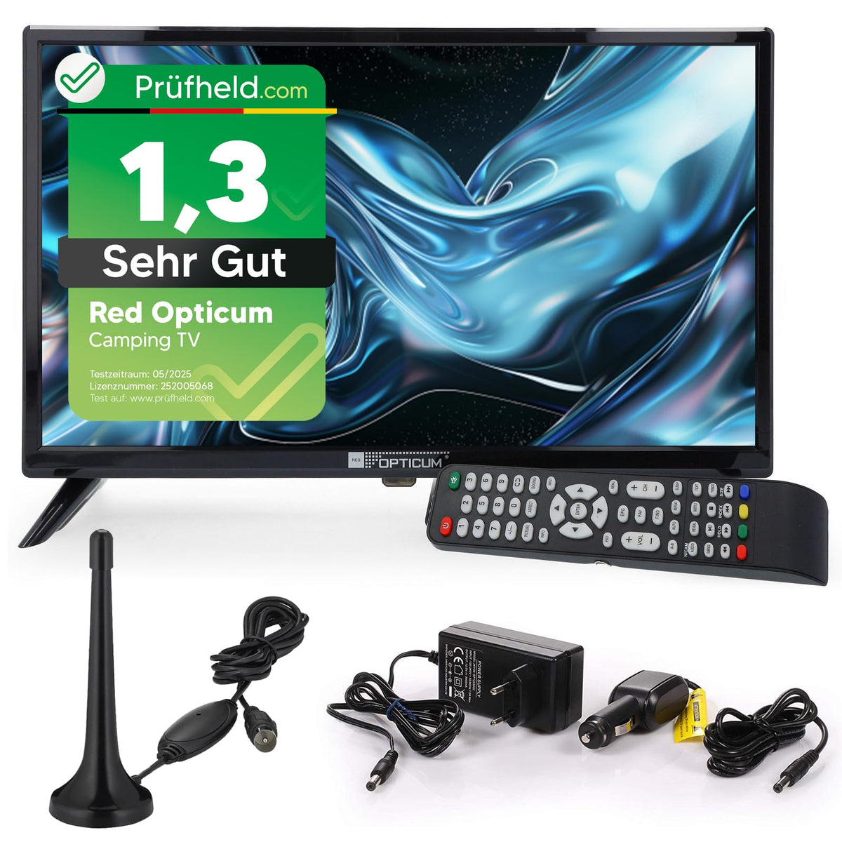 RED OPTICUM LED TV 19 Zoll Camping Fernseher 12V/230V Triple Tuner mit schmalem Rahmen und DVB-T2-Stabantenne