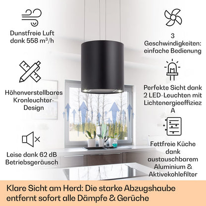 Klarstein Inselhaube Umluft – 558m³/h Kronleuchter Design