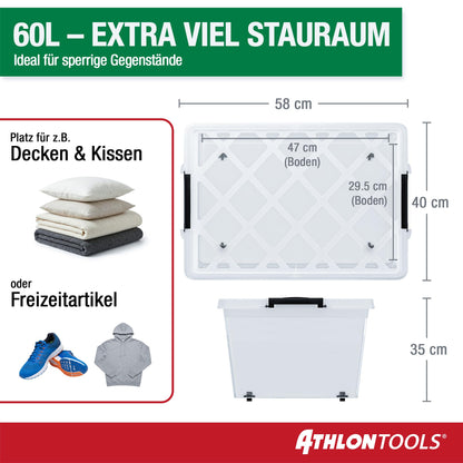 ATHLON TOOLS Aufbewahrungsboxen 60 L mit Deckel, 4er-Set, transparent