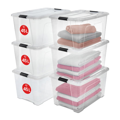 Iris Ohyama NTB-45 Aufbewahrungsboxen – 45L Transparent 6er-Set. Rechteckig, transparent, stapelbar zur Lagerung.