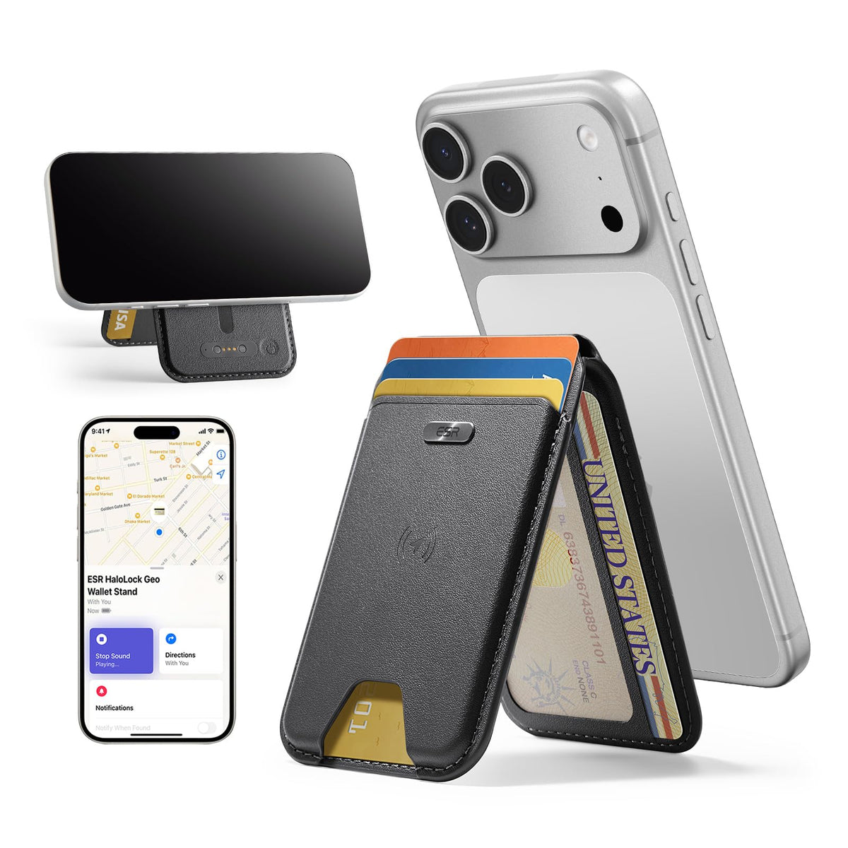 ESR Geo MagSafe Wallet mit Wo ist?-Funktion und RFID-Schutz, Schwarz – Kartenhalter mit verstellbarem Ständer