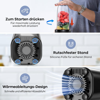 Ganiza Smoothie Maker CB08, 900 W Mini-Standmixer mit 3 To-Go-Bechern