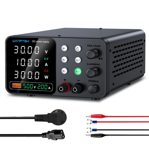 WANPTEK POWER Labornetzteil 30V 10A, rechteckig, dunkel, LED-Anzeige. Liefert regelb. Gleichspannung/strom für Elektronik, mit USB-Schnellladung.