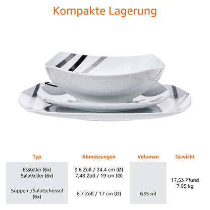 Amazon Basics Moderne Strahlen Geschirrservice 18-teilig für 6 Personen