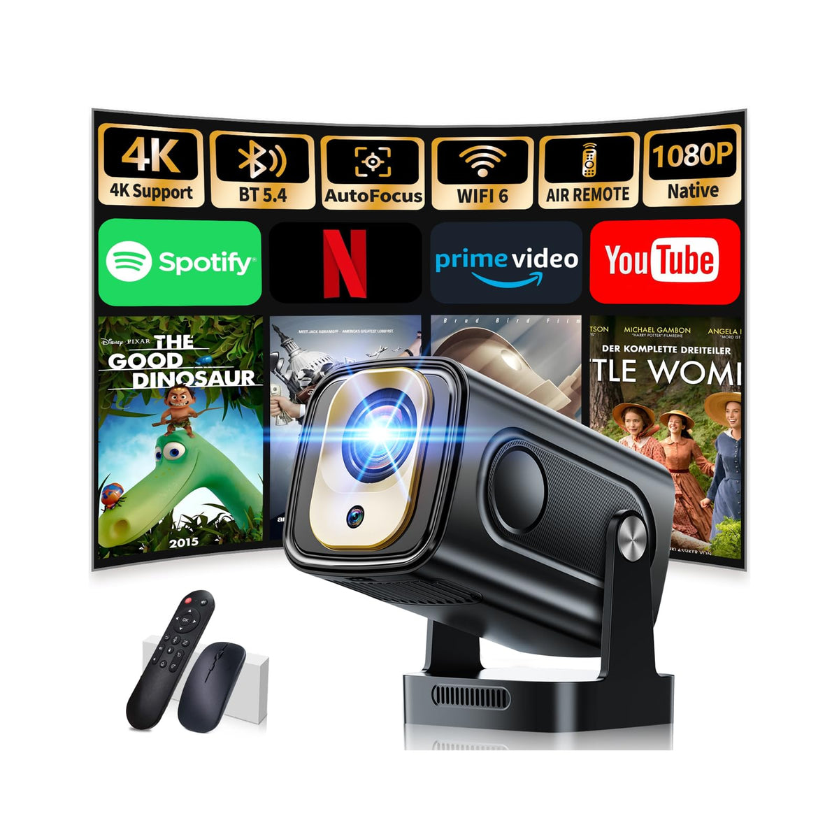 Mini Beamer 4K Android Projektor 2026 Modell, schwarz, 270° drehbar. Projiziert 4K-Inhalte von Android-Apps an Wände.