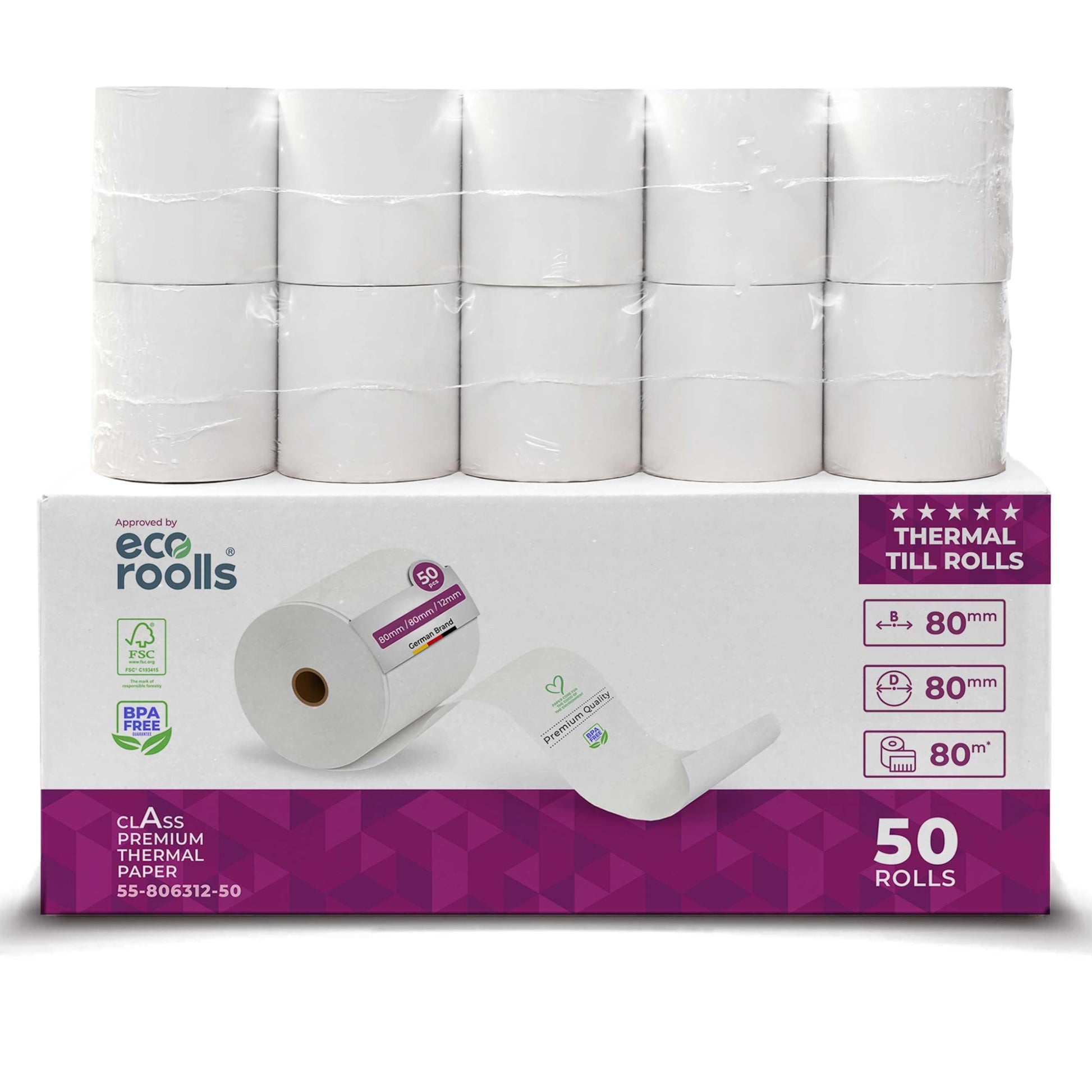 Thermorollen Kassenrollen für Bondrucker 80x80x12mm - BPA Frei: Zylindrische, weiße Papierrolle für Belegdruck.