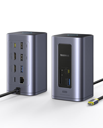 Baseus Nomos Air 12-in-1 Dockingstation USB-C - Dual 4K HDMI, graues Rechteck. Erweitert USB-C: Dual 4K HDMI & Peripherie.