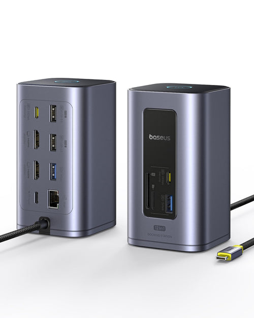 Baseus Nomos Air 12-in-1 Dockingstation USB-C - Dual 4K HDMI, graues Rechteck. Erweitert USB-C: Dual 4K HDMI & Peripherie.