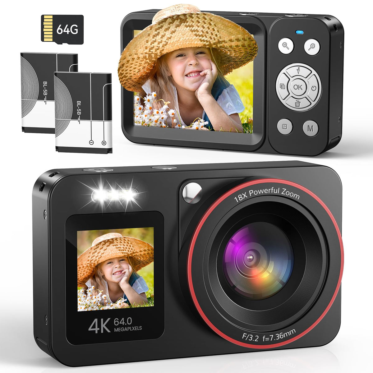 Caytail Digitalkamera 4K 64MP Kompaktkamera mit 18x Zoom, Schwarz mit Front- und Rückdisplay für Foto- und Videoaufnahmen