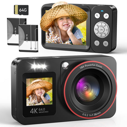 Caytail Digitalkamera 4K 64MP Kompaktkamera mit 18x Zoom, Schwarz mit Front- und Rückdisplay für Foto- und Videoaufnahmen