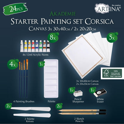 Artina Malset Corsica mit Staffelei – 24-teiliges Acrylfarben Set