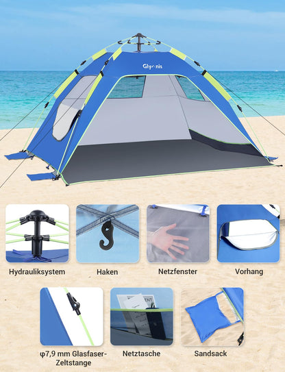 Glymnis Strandmuschel Quick Up mit UV-Schutz 50+ für 3-4 Personen