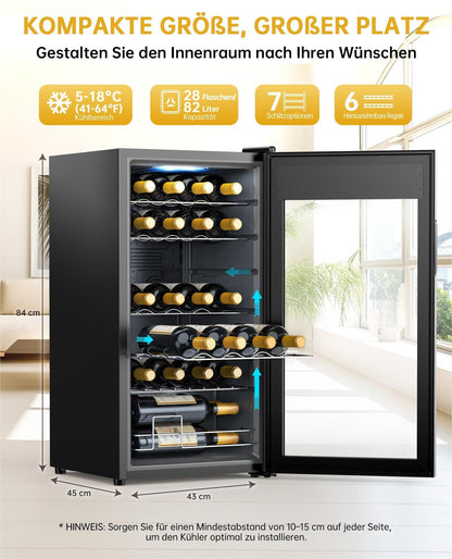 WIE Weinkühlschrank 82 Liter für 28 Flaschen, Kompressor, 5–18 °C