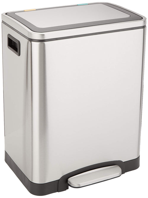 Amazon Basics 30L Rechteckig Doppel-Mülleimer Pedal – Edelstahl Silber. Rechteckiger, silberner Doppel-Mülleimer mit Pedal zur Mülltrennung.