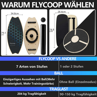Flycoop Balance Board Set aus Birkenholz mit Rolle und Ball