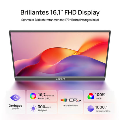 ARZOPA Z1C Portabler Monitor 16.1 Zoll FHD IPS mit HDMI und USB-C