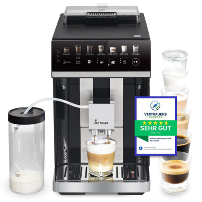 KKT KOLBE One Kaffeevollautomat mit Mahlwerk, Milchbehälter, 15 Bar in Schwarz-Silber mit Touchscreen