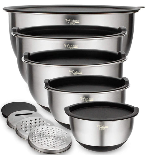 Wildone Rührschüssel-Set Edelstahl, 5-teilig, mit Deckeln und Reiben zum Mischen und Servieren