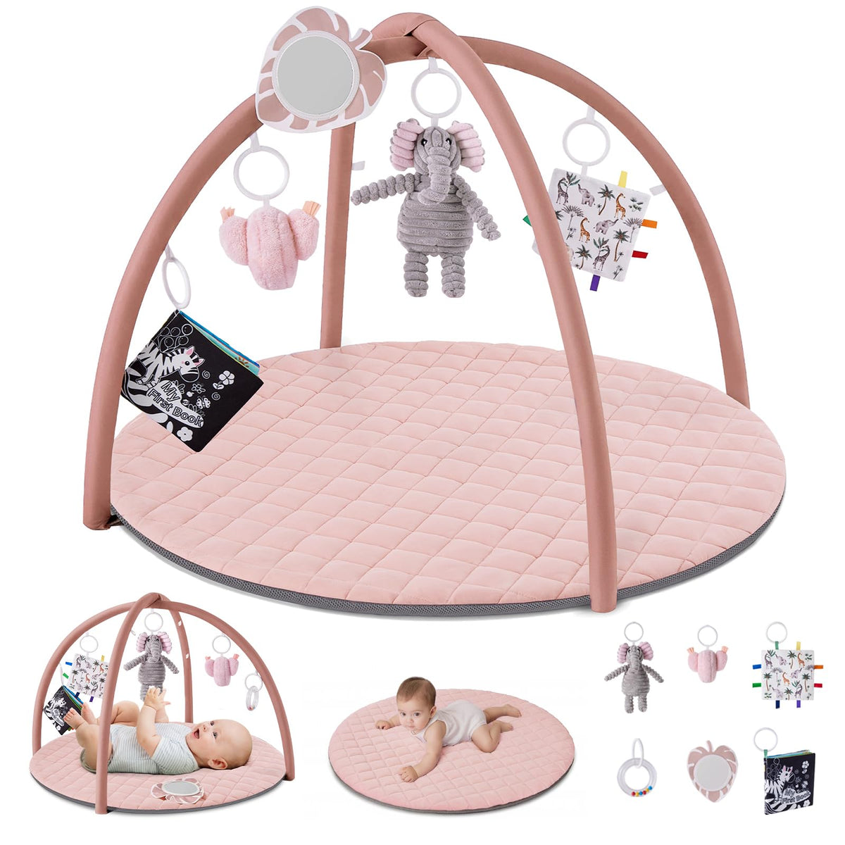Blissful Diary Spielbogen Baby mit Spieldecke und 6 Spielzeugen, Rosa, mit hängenden Babyspielzeugen