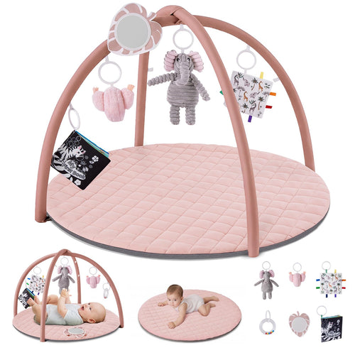 Blissful Diary Spielbogen Baby mit Spieldecke und 6 Spielzeugen, Rosa, mit hängenden Babyspielzeugen