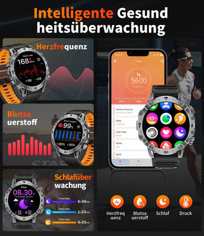LIGE Smartwatch Herren EF18-A mit Telefonfunktion, IP68, Schwarz
